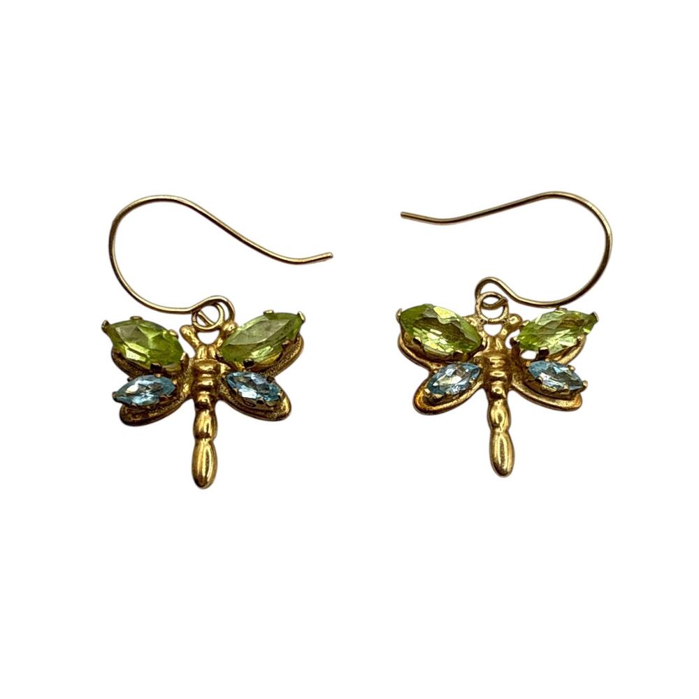 Vintage Solid 14K Yellow Gold Peridot & Blue Topaz Dragonfly Dangle Earrings